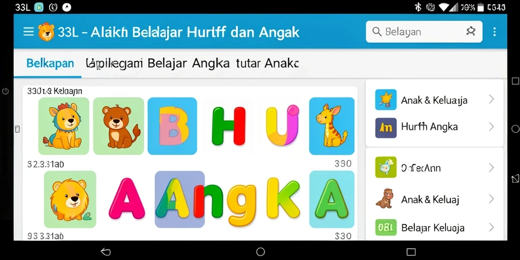 Antarmuka aplikasi 33L dengan permainan belajar huruf dan angka.