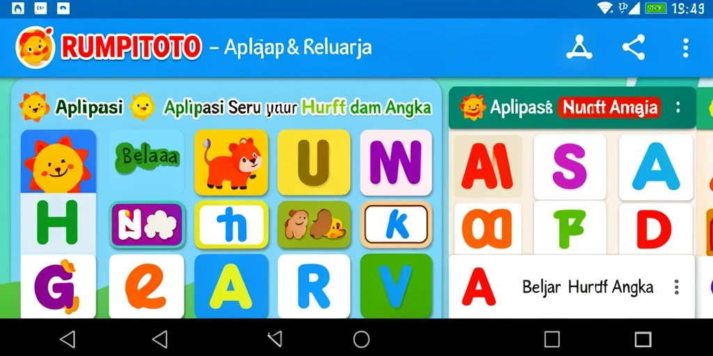 Tampilan antarmuka yang menarik untuk belajar huruf dan angka.
