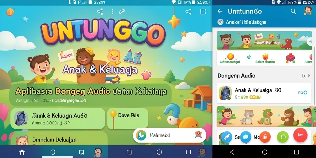 Antarmuka ramah anak UNTUNGGO dengan berbagai pilihan dongeng audio.